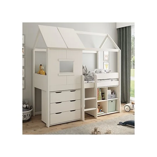 Kids white playhouse mid sleeper bed with drawers and cube storage