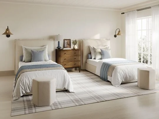LPD Sunday single bed in ivory linen fabric with pillow-style upholstered headboard