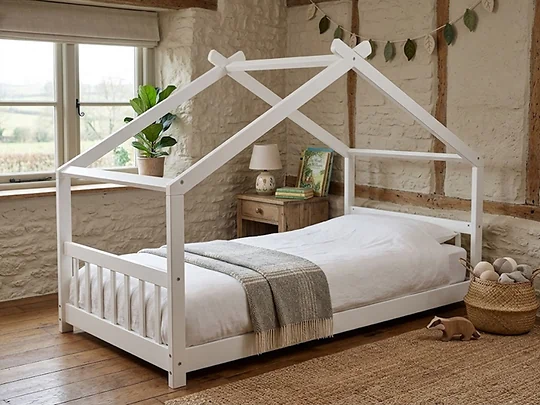 Kidsaw Jinsen Single Cottage House Bed White Solid Pine