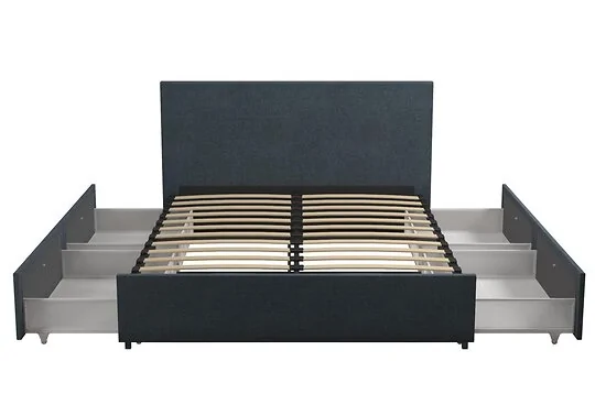 Novogratz Kelly Linen Storage Bed Frame available in single double and king and navy or dark grey storage drawers sprung slatted base