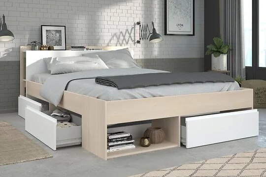 Wooden double bed frame with underbed storage compartments