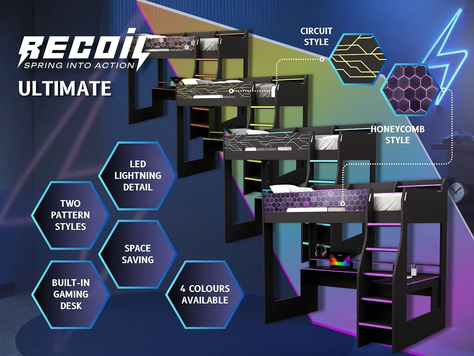 Recoil Ultimate Neon gaming high sleeper with desk - view 3