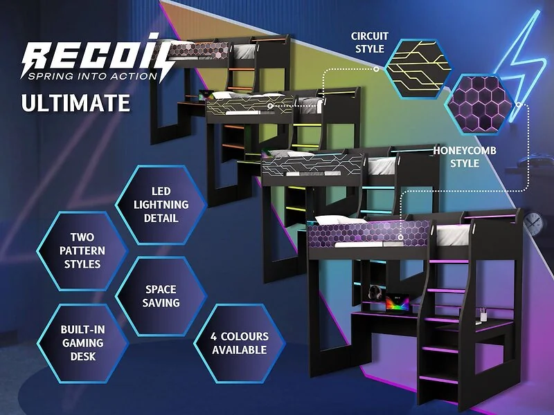 Recoil Ultimate Neon gaming high sleeper with desk - view 3