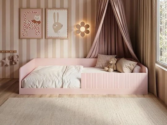 Flair Nadia single Montessori floor bed in pink in a child's bedroom with canopy