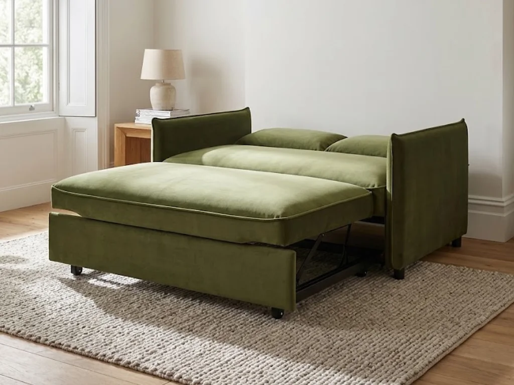 Kyoto Blaire 2 seater sofa bed in olive green velvet with black legs