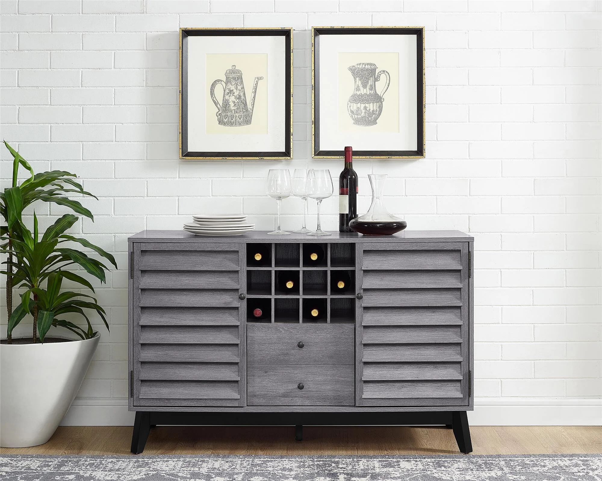 Dorel Vaughn Wine Cabinet with 2 Drawers and 2 Doors in Grey Oak