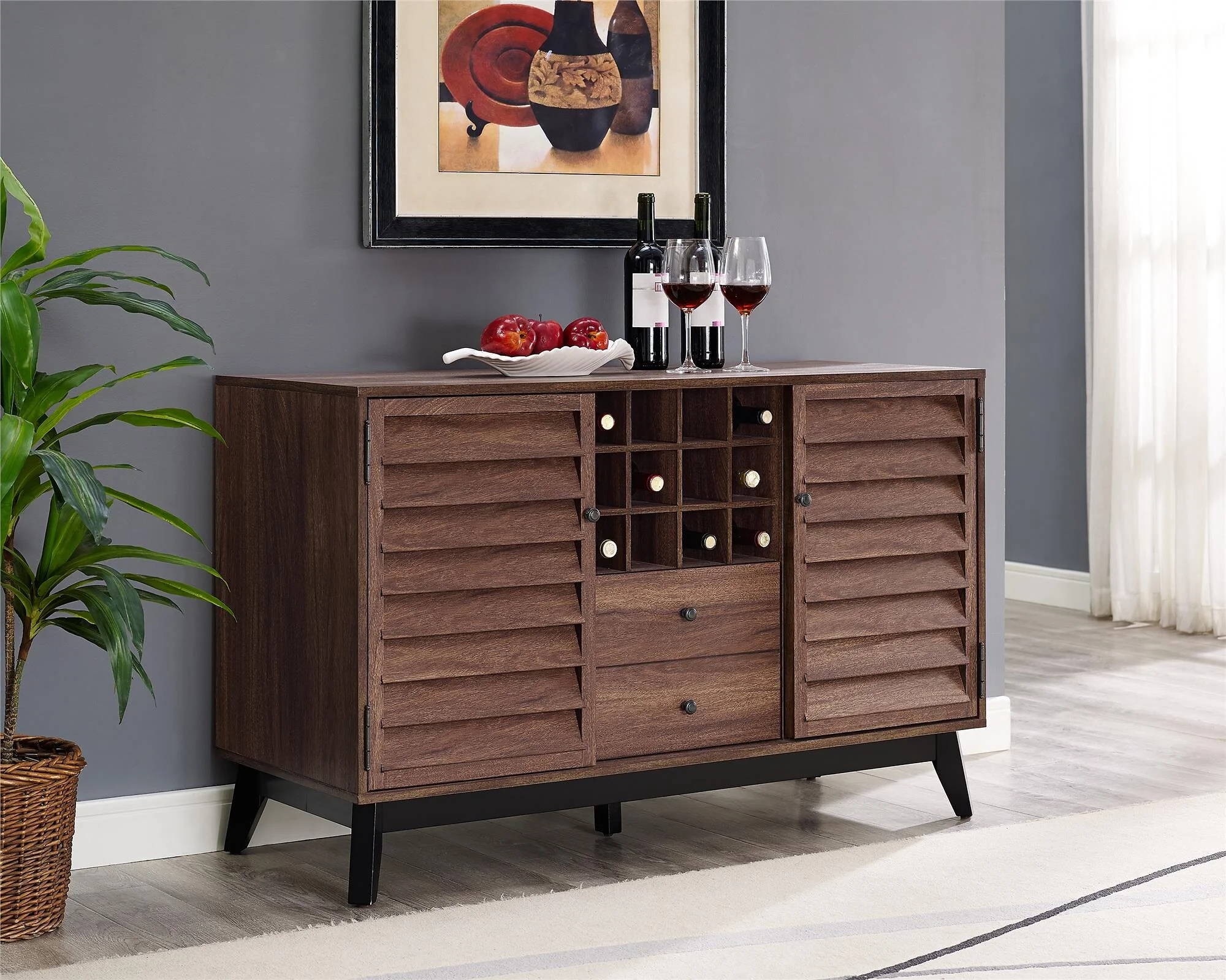 Dorel Vaughn Wine Cabinet with 2 Drawers and 2 Doors in Grey Oak