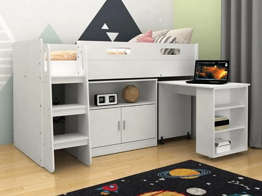 Kudl Single Mid Sleeper Bed with Pull-Out Desk and Storage White