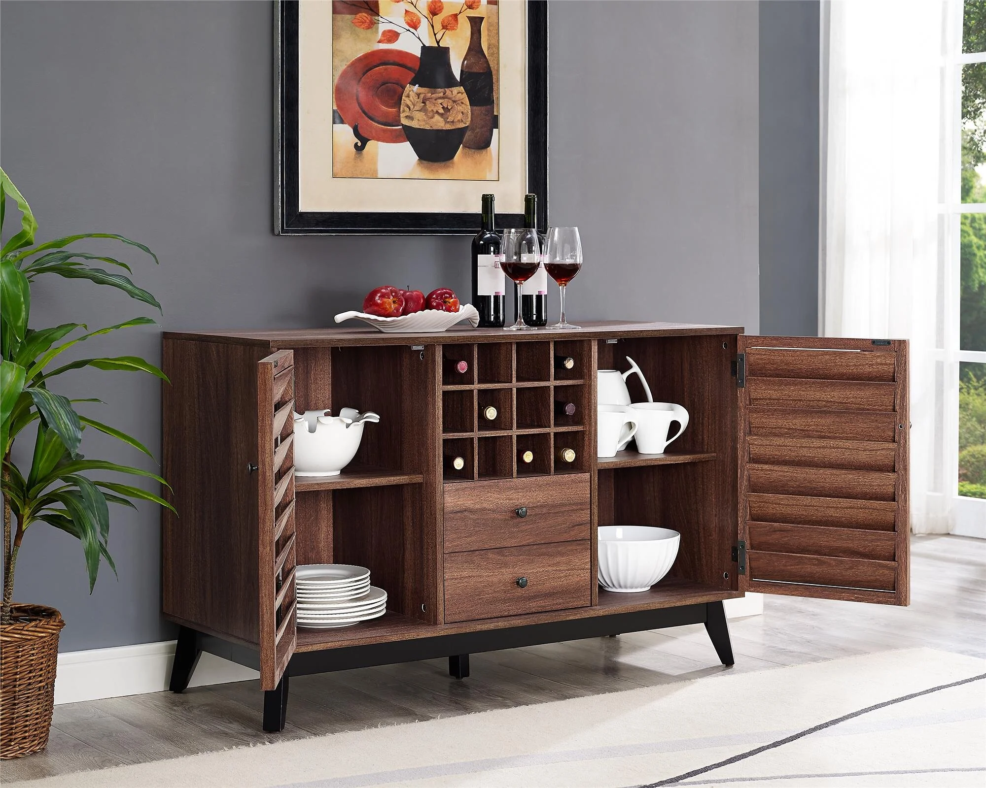 Dorel Vaughn Wine Cabinet with 2 Drawers and 2 Doors in Grey Oak