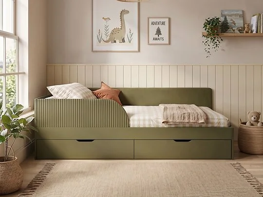 Flair Aris single Montessori bed in white with two storage drawers in a child's bedroom