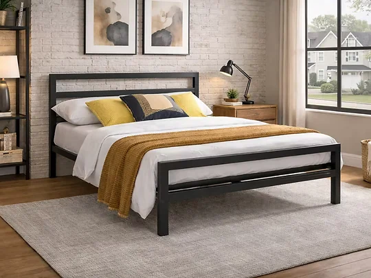 Minimalist metal bed frame with sprung slats