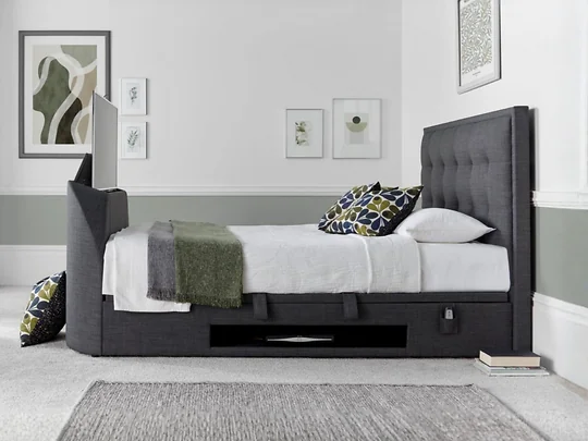Upholstered ottoman TV bed with motorised lift and storage slate grey
