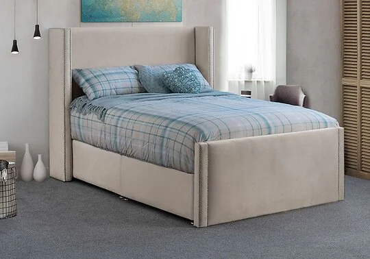 Sweet Dreams Tallis Divan Bed Frame  modern design  winged headboard available in 3 sizes 12 fabric options