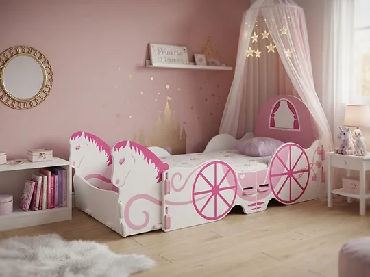 White and pink carriage toddler bed with horse toy box