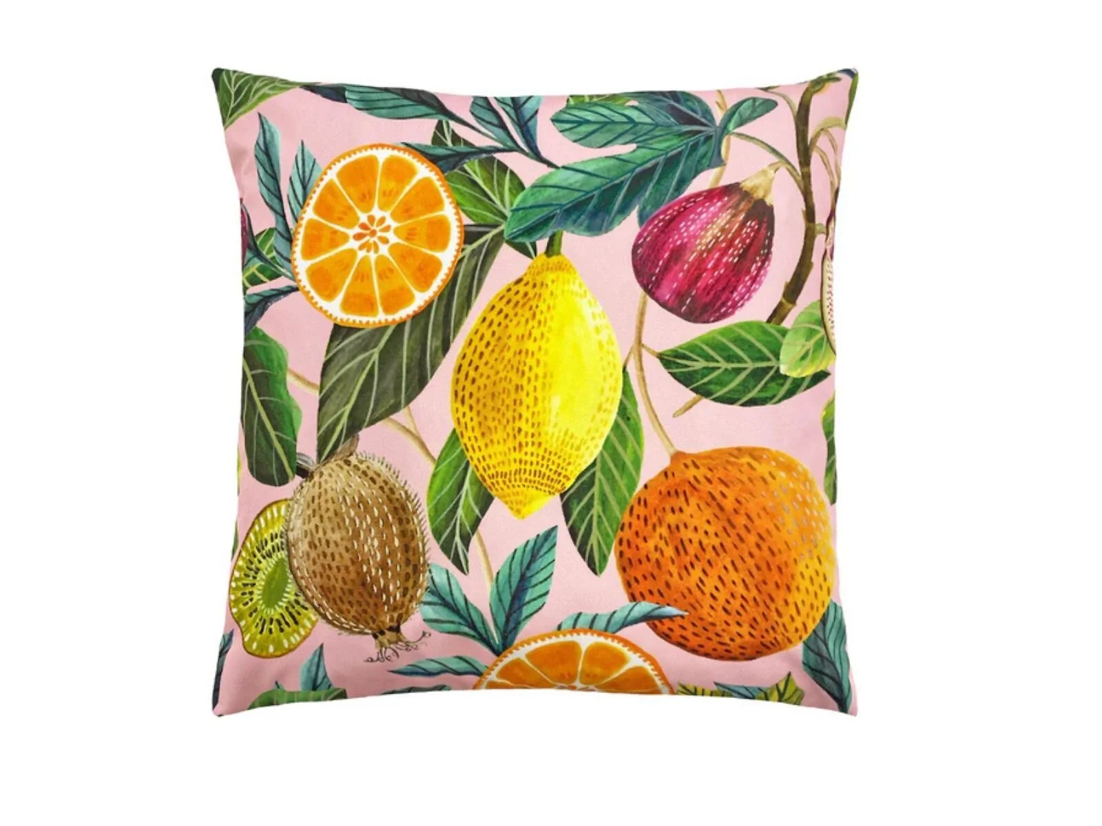 Evans Lichfield Citrus 43 x 43cm outdoor cushion in multi with fruit print and striped reverse