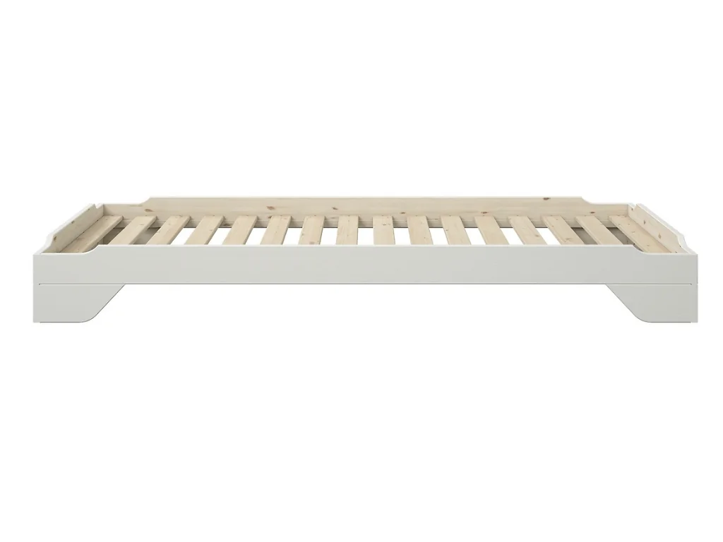 White wooden bed frame with slatted base