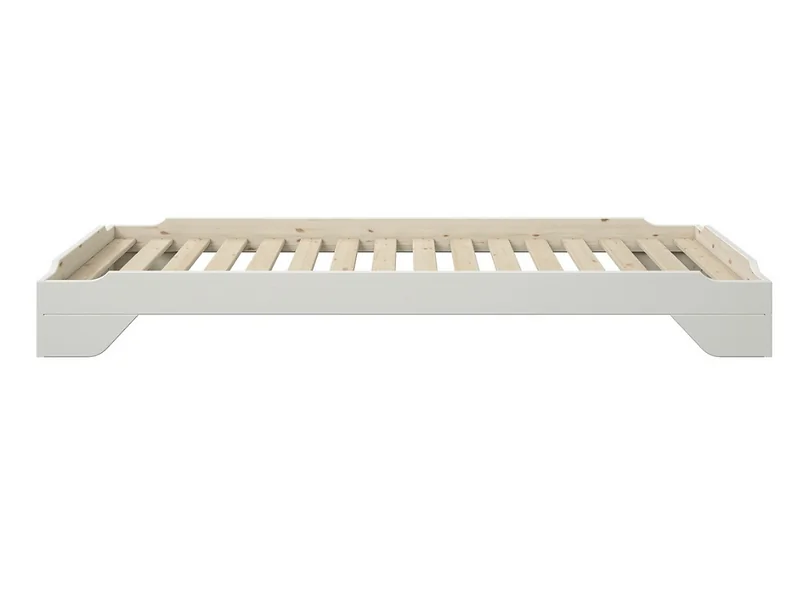 White wooden bed frame with slatted base