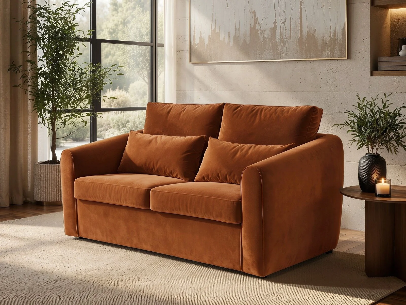 SOLACE+CO Rune 2 seater sofa bed in orange velvet - view 2