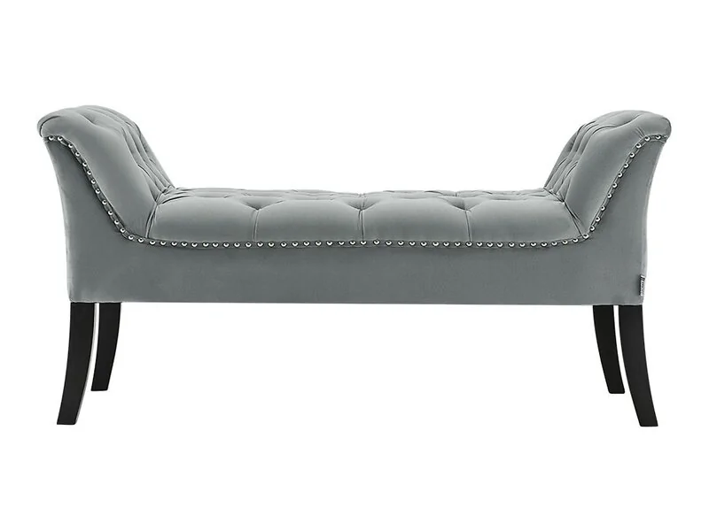 Grey velvet bed bench with tufted detail and armrests - cutout