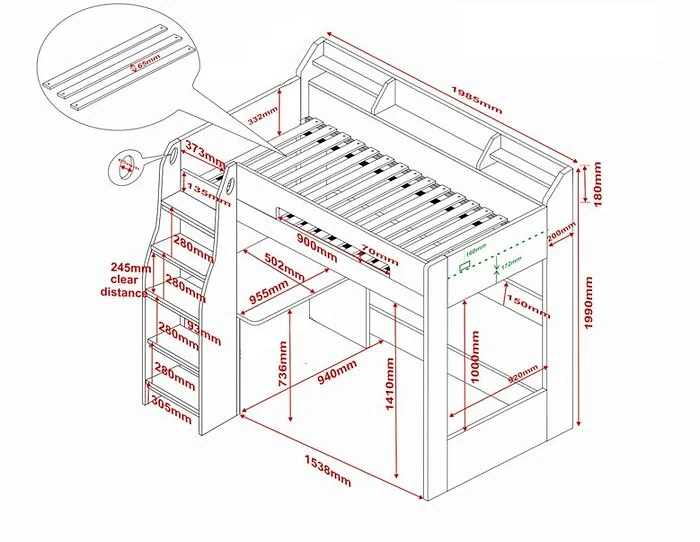 Dimensions diagram: Flair Cosmic L Shaped Triple Bunk Bed
