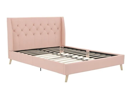Novogratz Her Majesty Linen Bed Frame available in double and king sizes and green blue grey and pink linen upholstery