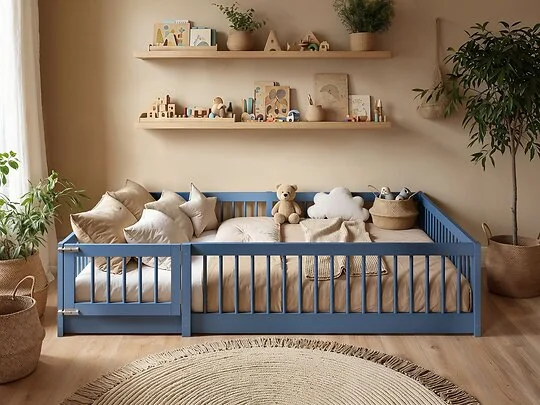 Flair Imogen Montessori floor bed in natural pine with full safety fence in a toddler's bedroom