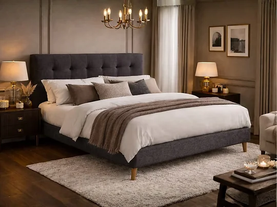 Time Living Novara fabric upholstered bed frame with padded buttoned headboard