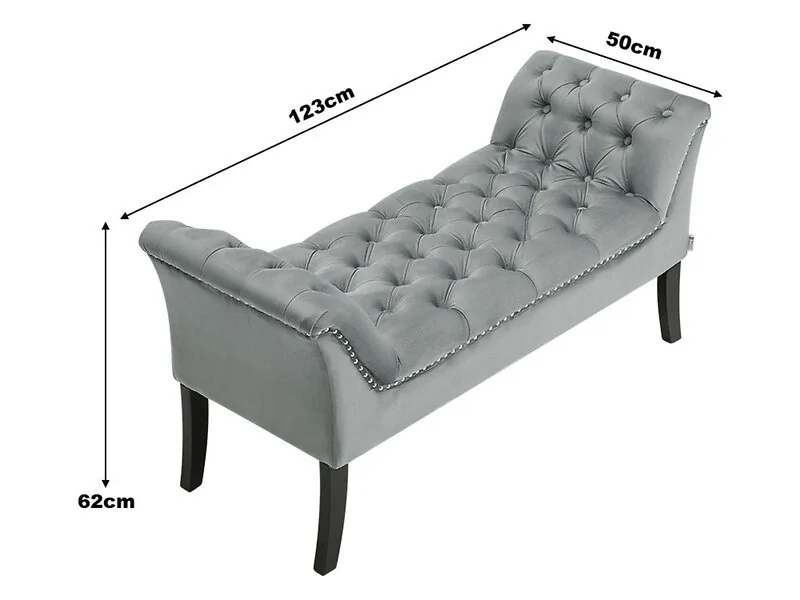 Grey velvet bed bench with tufted detail and armrests - cutout