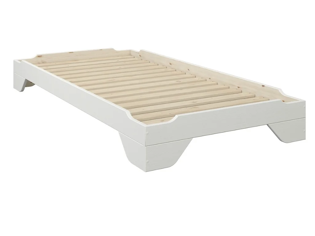 Kids white stackable single bed frame with wooden slats