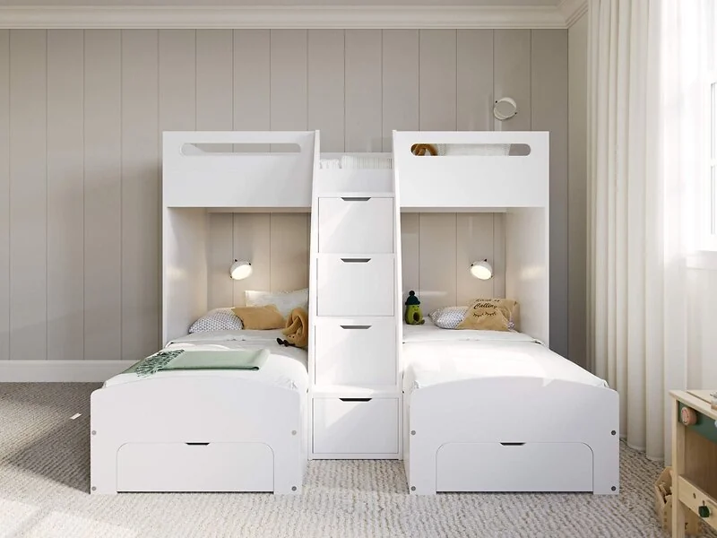 Flair Eddie triple bunk bed in white & oak with two side-by-side lower bunks and a single top bunk
