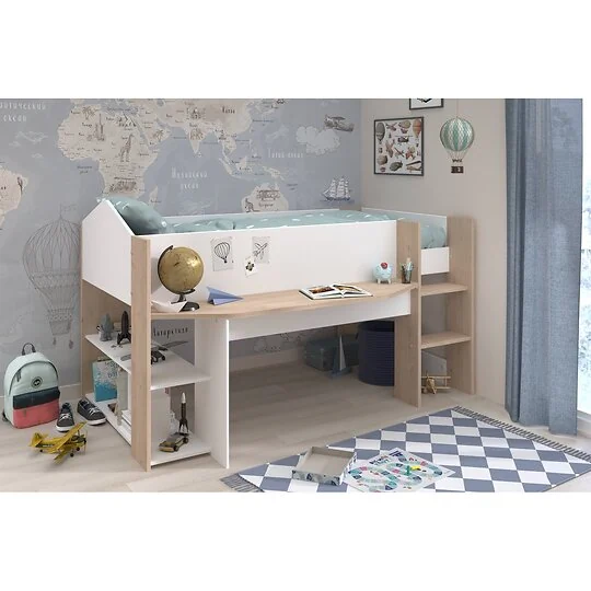 Mid sleeper bed with desk and shelves for kids