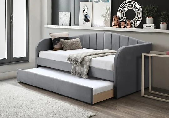 Grey velvet daybed with pull-out trundle  modern design by Flintshire Furniture
