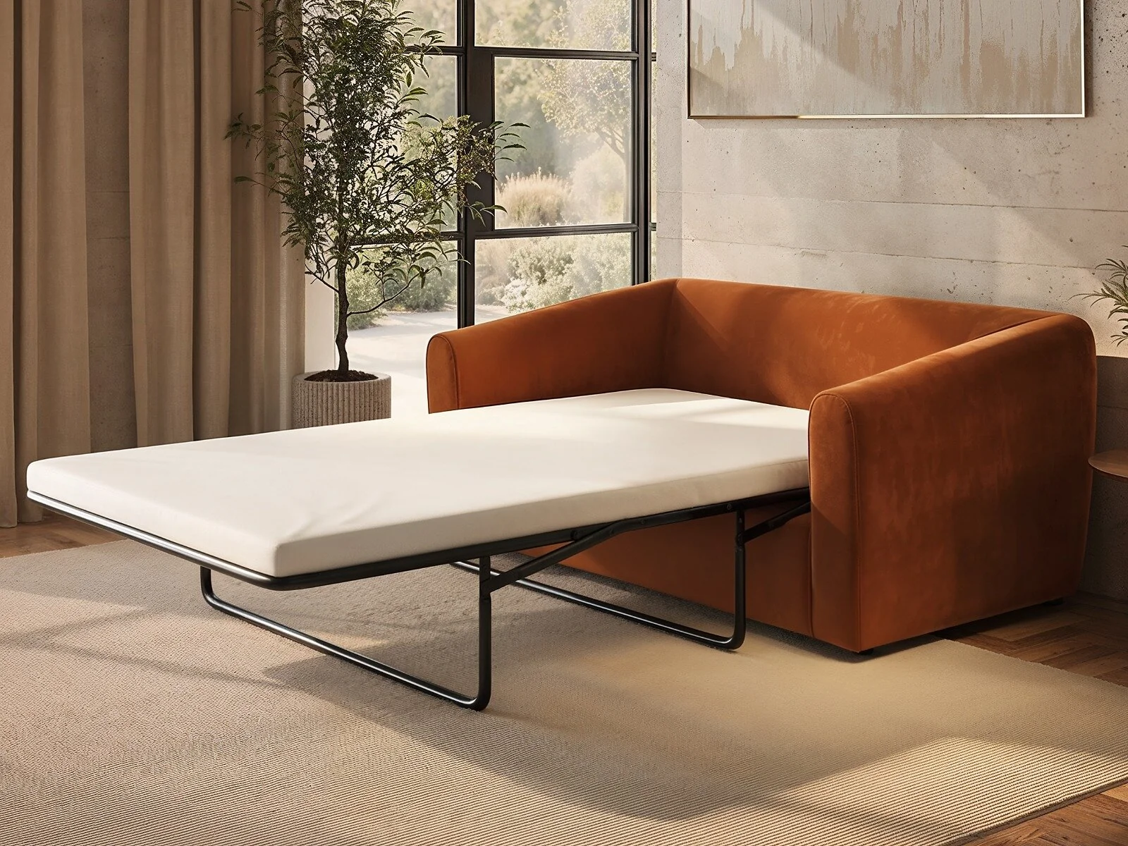 SOLACE+CO Rune 2 seater sofa bed in orange velvet - view 3