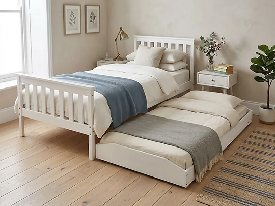 Kidsaw Jinsen white solid pine single bed with pull out trundle for two 90 x 190cm mattresses