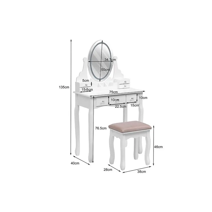 Dimensions diagram: Living & Home Makeup Vanity Desk Set with LED Lighting