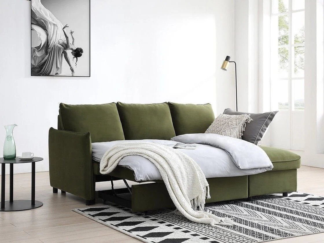 Kyoto Blaire reversible corner sofa bed with piping detail, black legs and chaise seating.