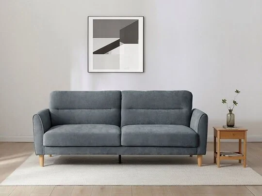 Kyoto Harvey three-seater sofa bed in taupe chenille with curved piped arms  a seamed backrest and light wood legs.