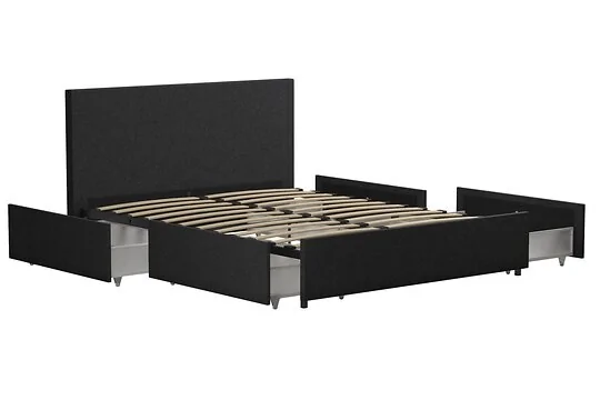 Novogratz Kelly Linen Storage Bed Frame available in single double and king and navy or dark grey storage drawers sprung slatted base