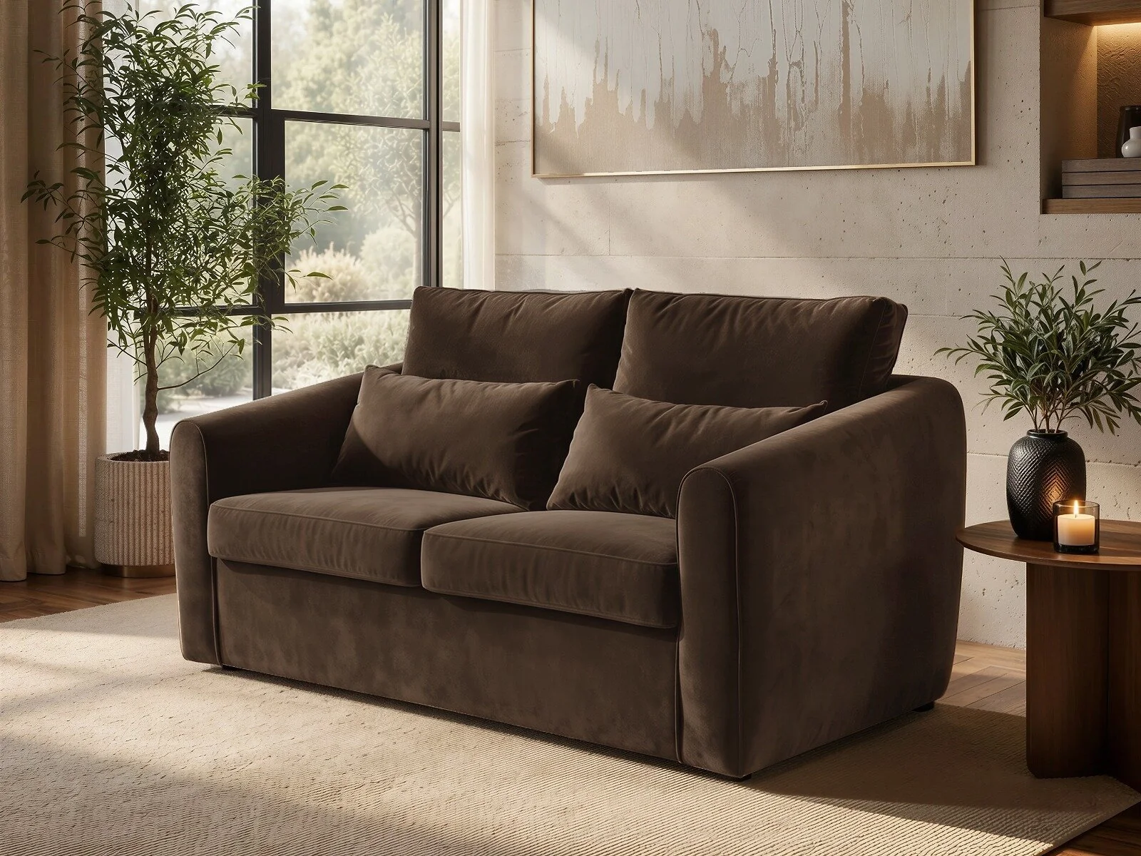 SOLACE+CO Rune brown velvet sofa bed - view 2