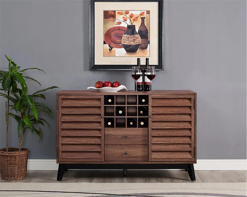 Dorel Vaughn Wine Cabinet with 2 Drawers and 2 Doors in Grey Oak