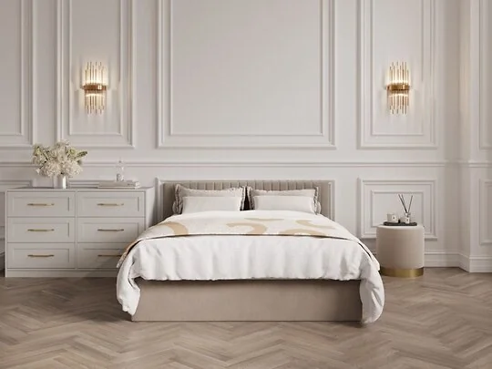 LPD velvet bed with fluted headboard and under bed storage