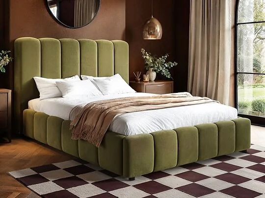 SOLACE+CO Emilie ribbed ottoman bed in brown velvet with tall scalloped headboard in a styled bedroom
