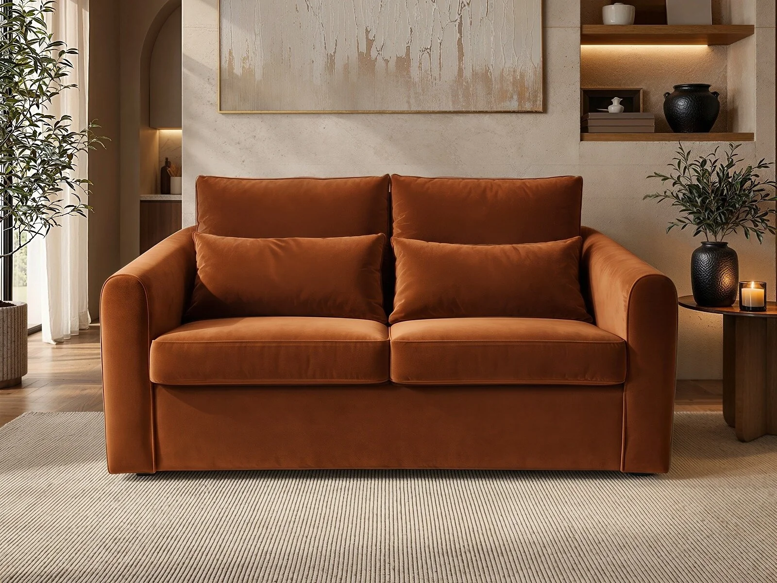 SOLACE+CO Rune 2 seater sofa bed in orange velvet