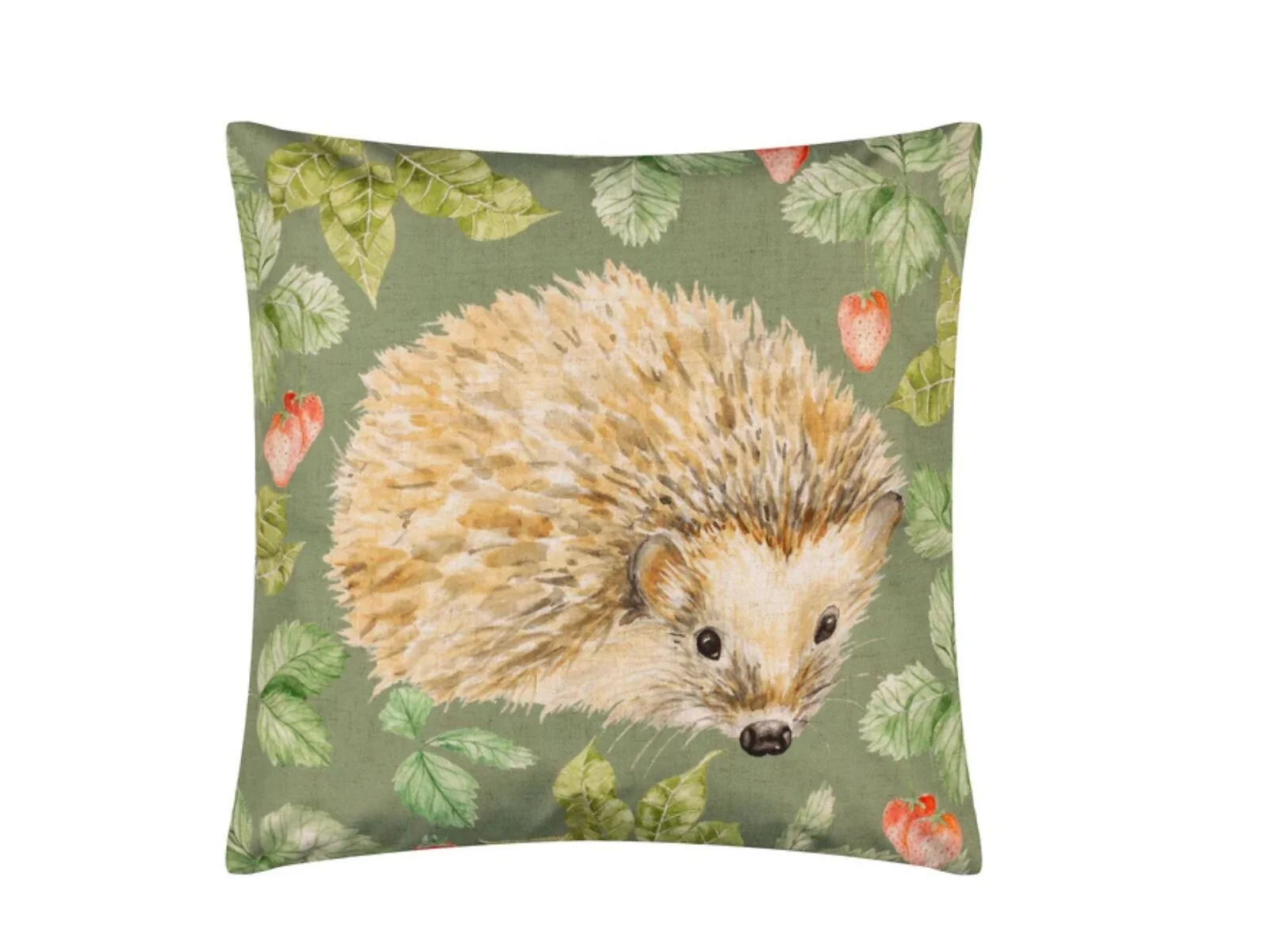 Evans Lichfield Grove Hedgehog olive outdoor cushion with strawberry orchard watercolour design